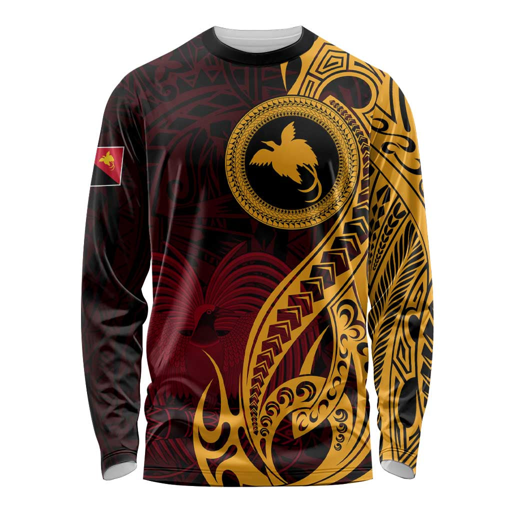 Papua New Guinea Island Long Sleeve Shirt Bird of Paradise with Gold Polynesian Tribal LT9 Unisex Gold - Polynesian Pride