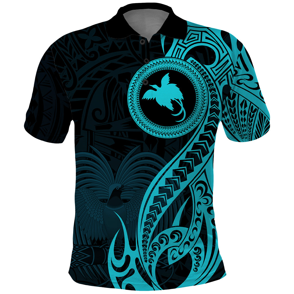 Papua New Guinea Island Polo Shirt Bird of Paradise with Aqua Polynesian Tribal LT9 Aqua - Polynesian Pride