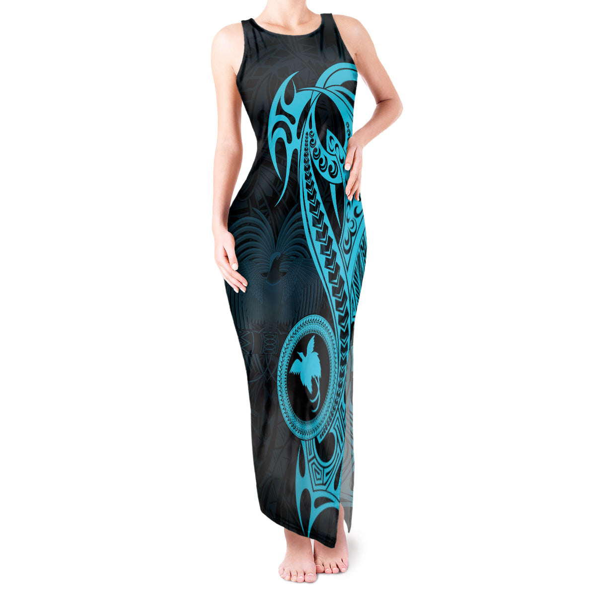 Papua New Guinea Island Tank Maxi Dress Bird of Paradise with Aqua Polynesian Tribal LT9 Women Aqua - Polynesian Pride