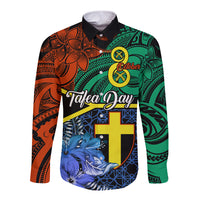 Tafea Day Long Sleeve Button Shirt Vanuatu Sand Drawing With Polynesian Pattern LT9 Unisex Blue - Polynesian Pride