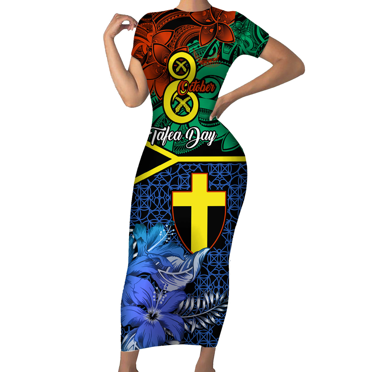 Tafea Day Short Sleeve Bodycon Dress Vanuatu Sand Drawing With Polynesian Pattern LT9 Long Dress Blue - Polynesian Pride