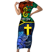 Tafea Day Short Sleeve Bodycon Dress Vanuatu Sand Drawing With Polynesian Pattern LT9 Long Dress Blue - Polynesian Pride
