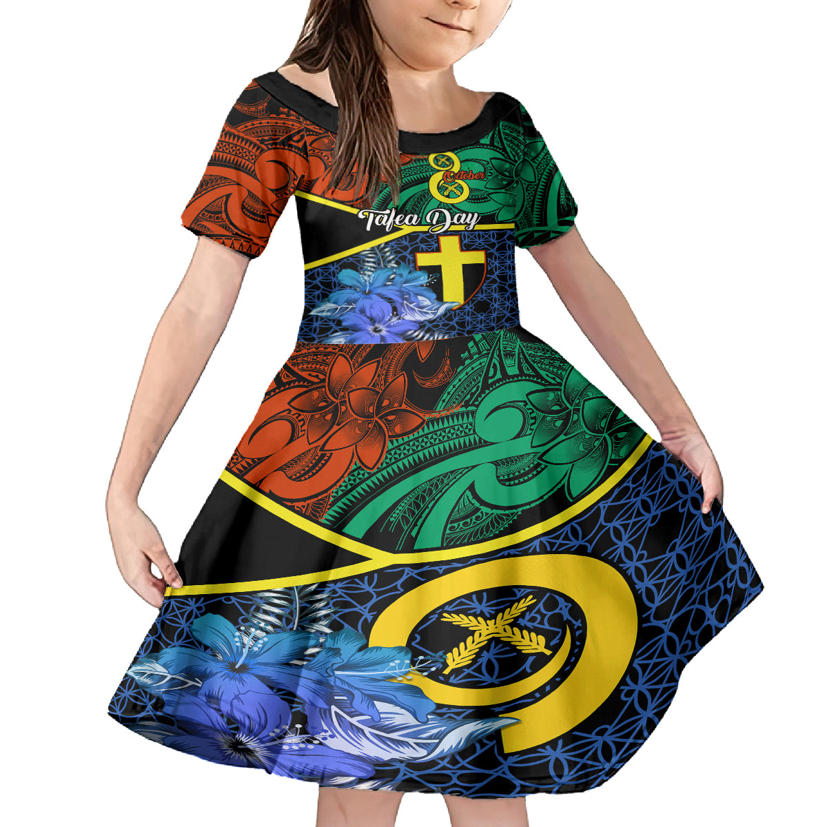 Personalised Tafea Day Kid Short Sleeve Dress Vanuatu Sand Drawing With Polynesian Pattern LT9 KID Blue - Polynesian Pride