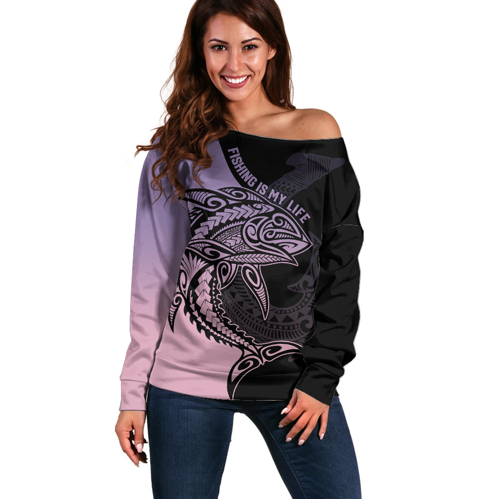 Personalised Polynesia Fishing Off Shoulder Sweater With Maori Hei Matau Fish Hook Pastel Art LT9 Women Pastel - Polynesian Pride