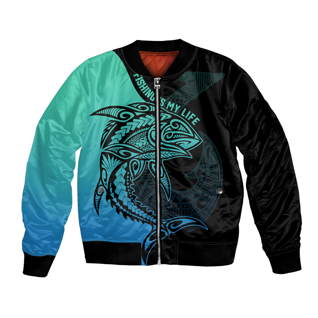 Personalised Polynesia Fishing Bomber Jacket With Maori Hei Matau Fish Hook Turquoise Art LT9 Unisex Turquoise - Polynesian Pride