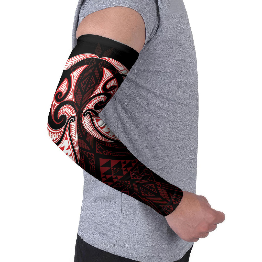 Maori Rugby Custom Ngaru Mangopare Arm Sleeves Black Red Whetu Niho Taniwha Motif LT9 - Polynesian Pride
