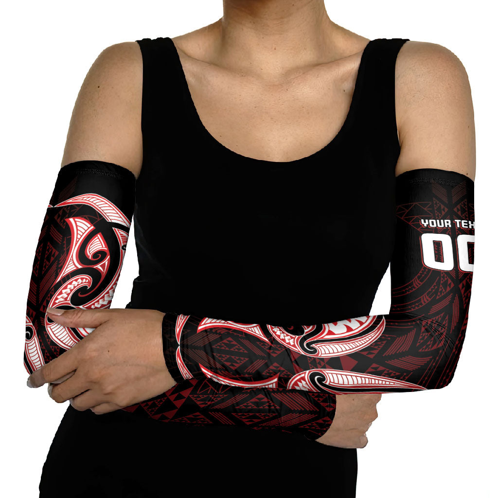 Maori Rugby Custom Ngaru Mangopare Arm Sleeves Black Red Whetu Niho Taniwha Motif LT9 - Polynesian Pride
