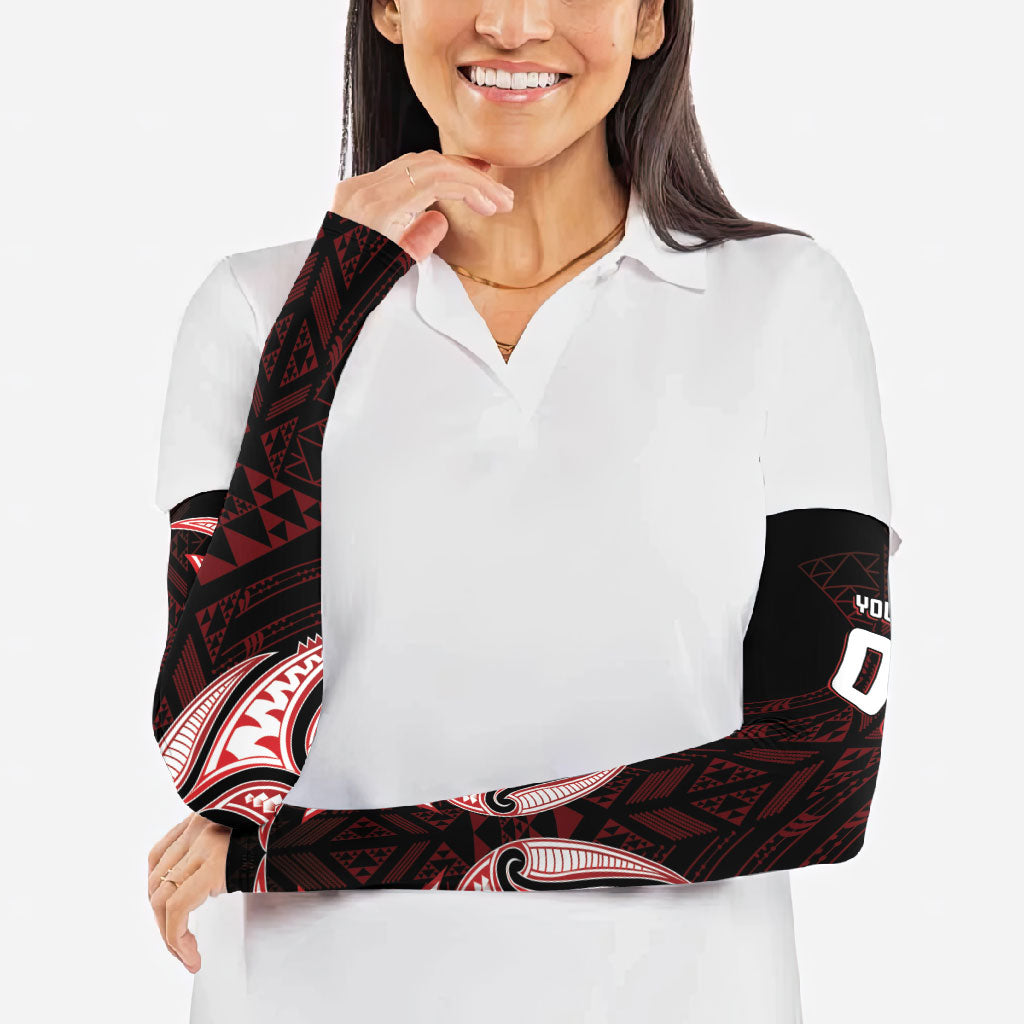 Maori Rugby Custom Ngaru Mangopare Arm Sleeves Black Red Whetu Niho Taniwha Motif LT9 - Polynesian Pride