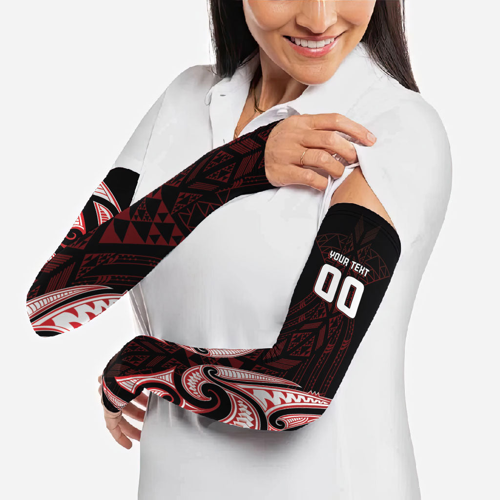 Maori Rugby Custom Ngaru Mangopare Arm Sleeves Black Red Whetu Niho Taniwha Motif LT9 - Polynesian Pride