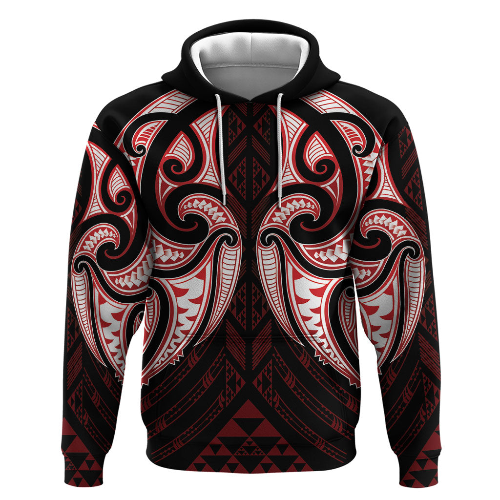 Maori Rugby Custom Ngaru Mangopare Hoodie Black Red Whetu Niho Taniwha Motif LT9 Pullover Hoodie Red - Polynesian Pride