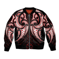 Maori Rugby Custom Ngaru Mangopare Sleeve Zip Bomber Jacket Black Red Whetu Niho Taniwha Motif LT9 Unisex Red - Polynesian Pride