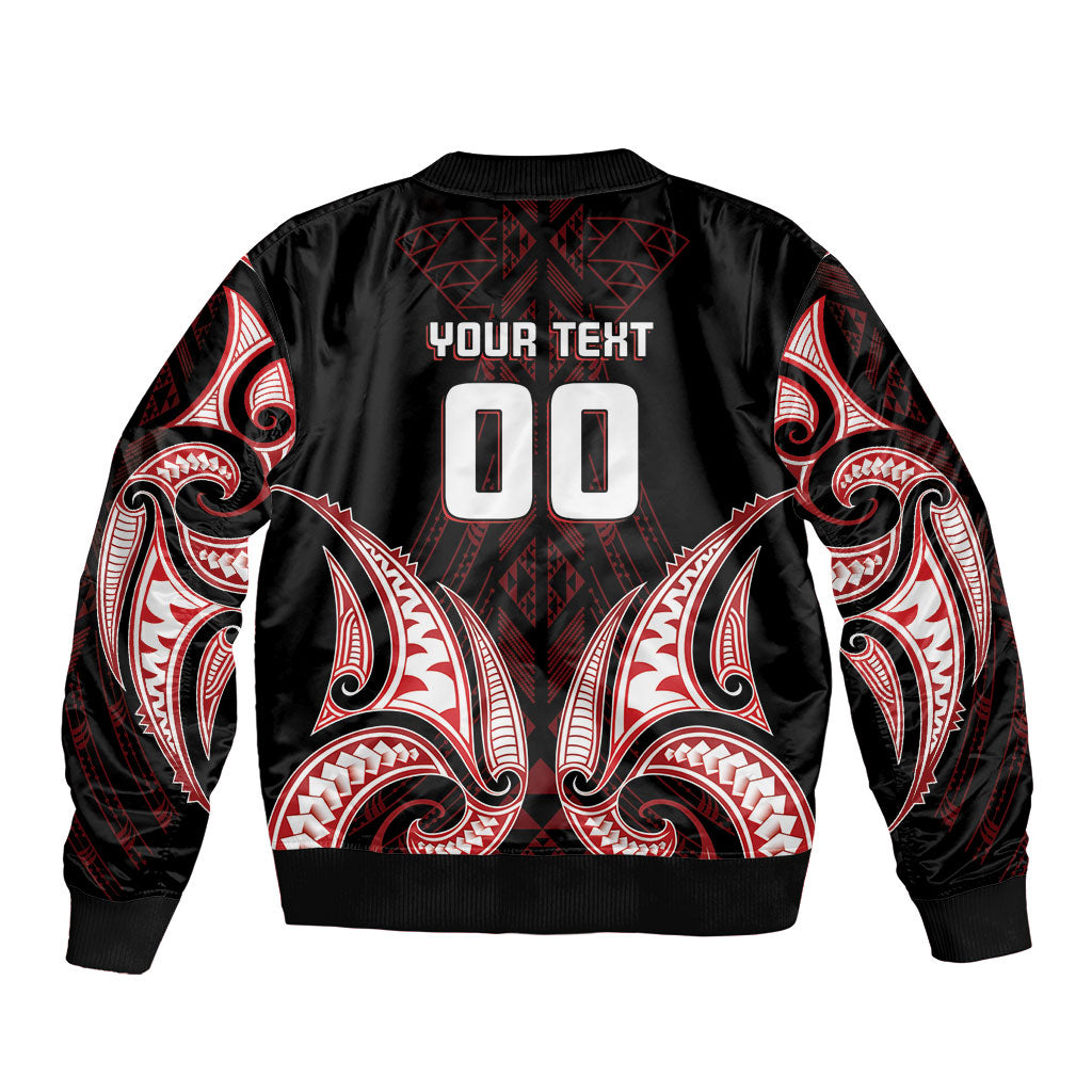 Maori Rugby Custom Ngaru Mangopare Sleeve Zip Bomber Jacket Black Red Whetu Niho Taniwha Motif LT9 - Polynesian Pride