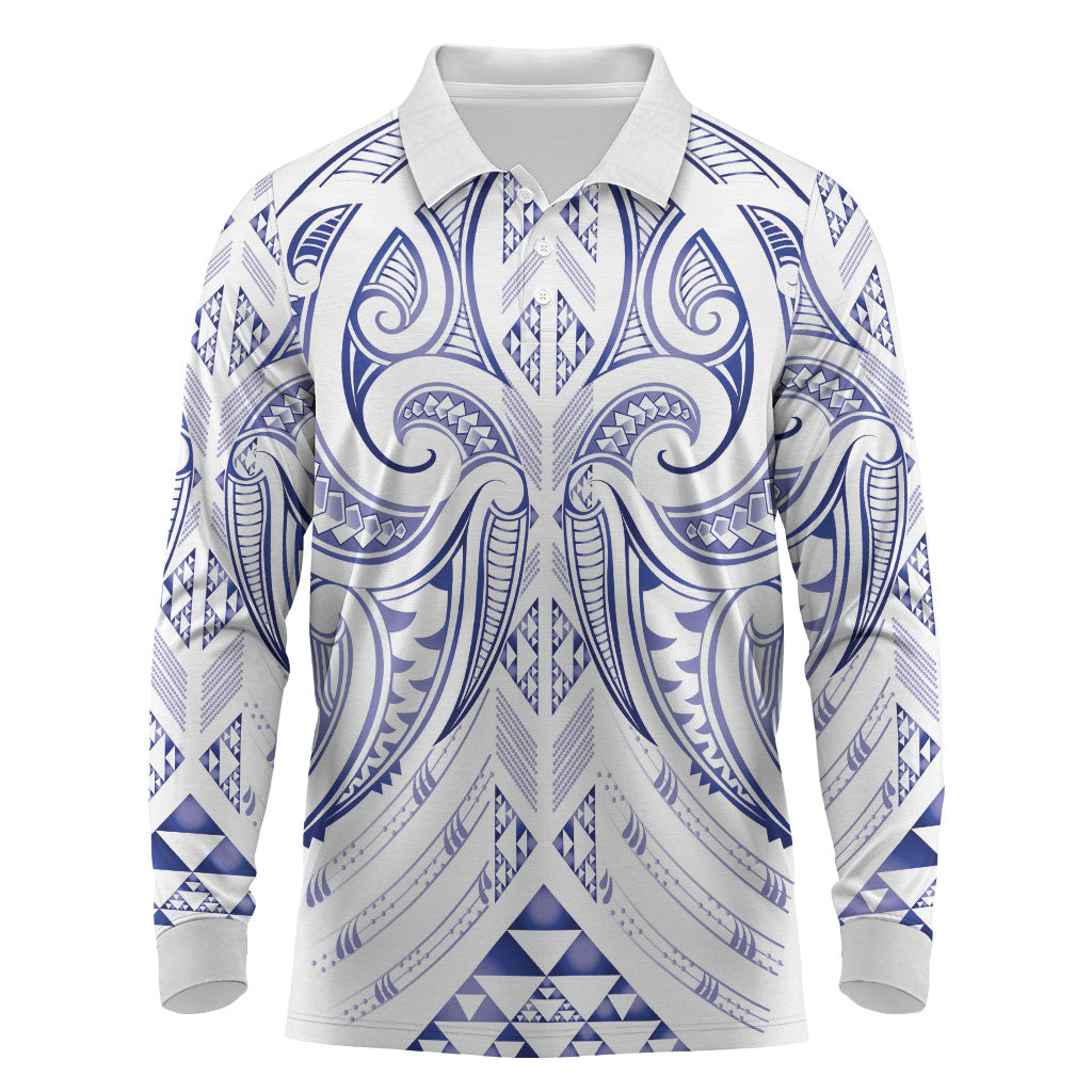 Maori Rugby Custom Ngaru Mangopare Long Sleeve Polo Shirt Kikorangi Niho Taniwha Motif LT9 Blue - Polynesian Pride