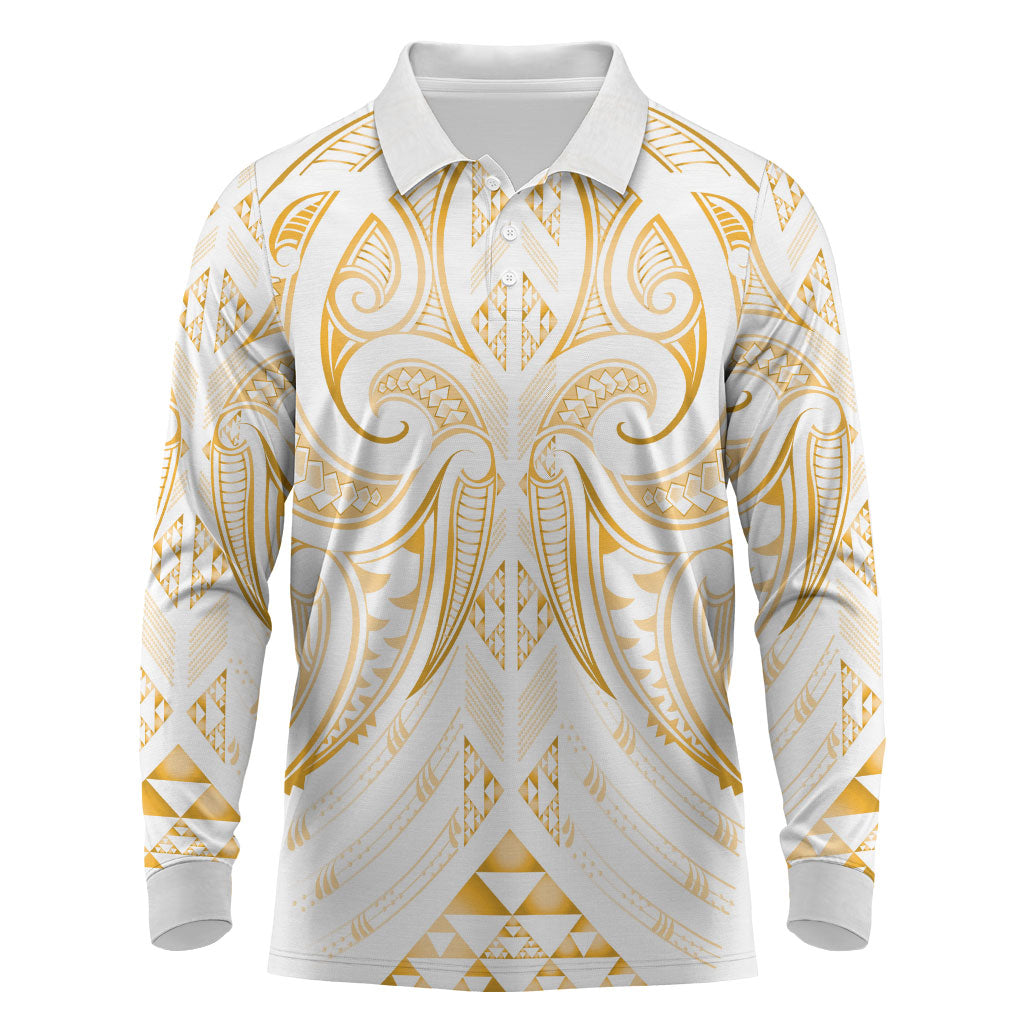 Maori Rugby Custom Ngaru Mangopare Long Sleeve Polo Shirt Koura Niho Taniwha Motif LT9 Gold - Polynesian Pride