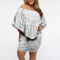 Maori Rugby Custom Ngaru Mangopare Off Shoulder Short Dress Kiwikiwi Niho Taniwha Motif LT9 Women Grey - Polynesian Pride