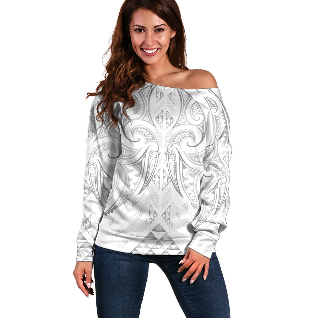 Maori Rugby Custom Ngaru Mangopare Off Shoulder Sweater Kiwikiwi Niho Taniwha Motif LT9 Women Grey - Polynesian Pride