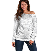 Maori Rugby Custom Ngaru Mangopare Off Shoulder Sweater Kiwikiwi Niho Taniwha Motif LT9 Women Grey - Polynesian Pride