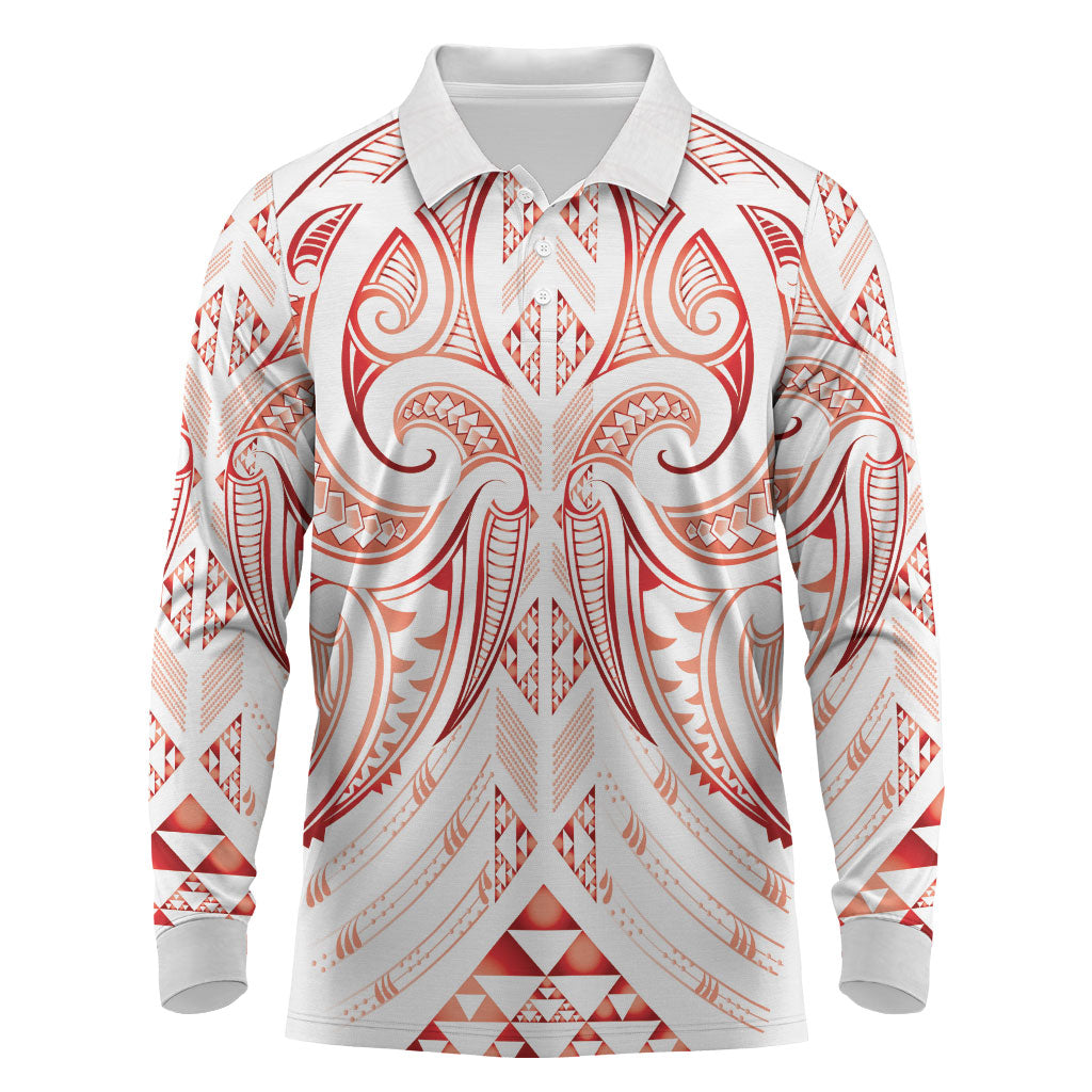 Maori Rugby Custom Ngaru Mangopare Long Sleeve Polo Shirt Whero Niho Taniwha Motif LT9 Red - Polynesian Pride