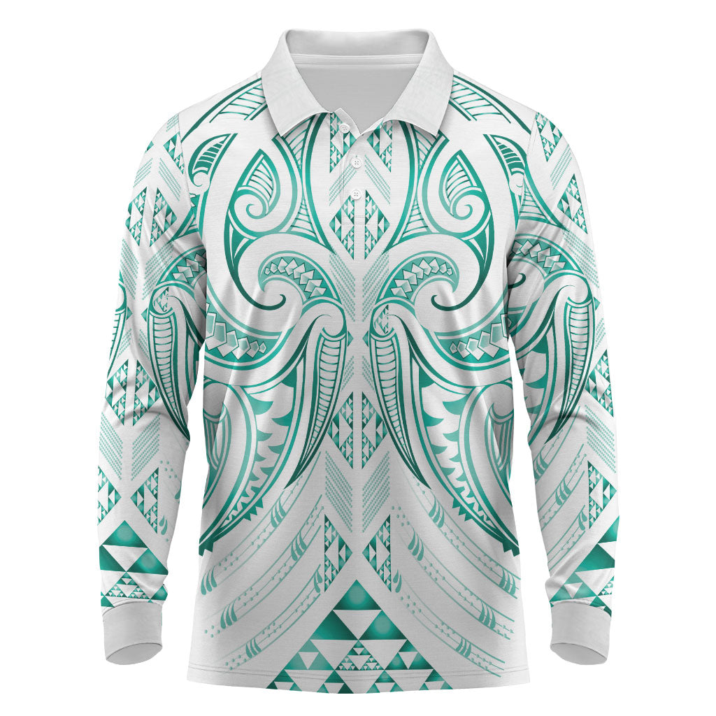 Maori Rugby Custom Ngaru Mangopare Long Sleeve Polo Shirt Karikiorangi Taniwha Motif LT9 Turquoise - Polynesian Pride