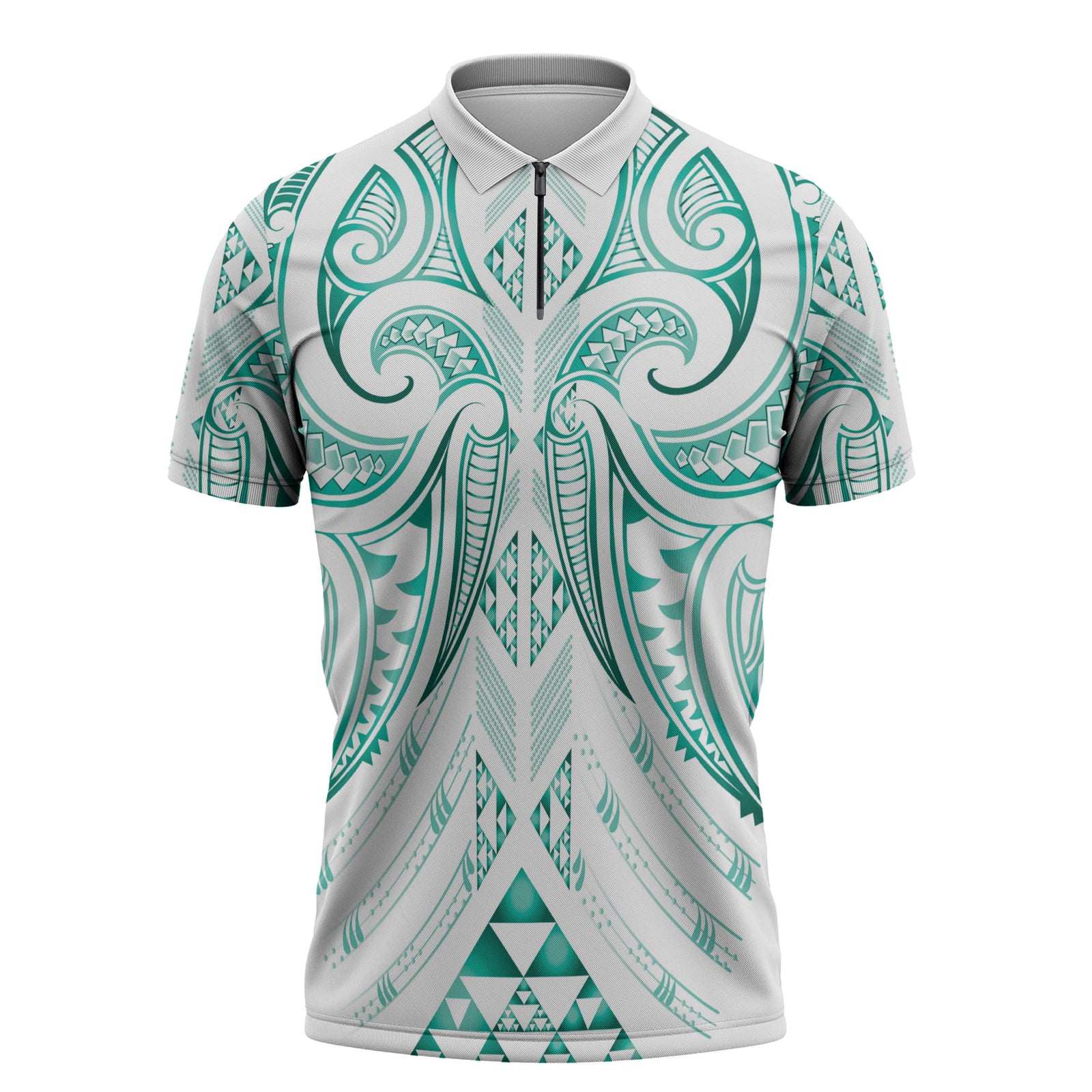 Maori Rugby Custom Ngaru Mangopare Zipper Polo Shirt Karikiorangi Taniwha Motif LT9 Turquoise - Polynesian Pride