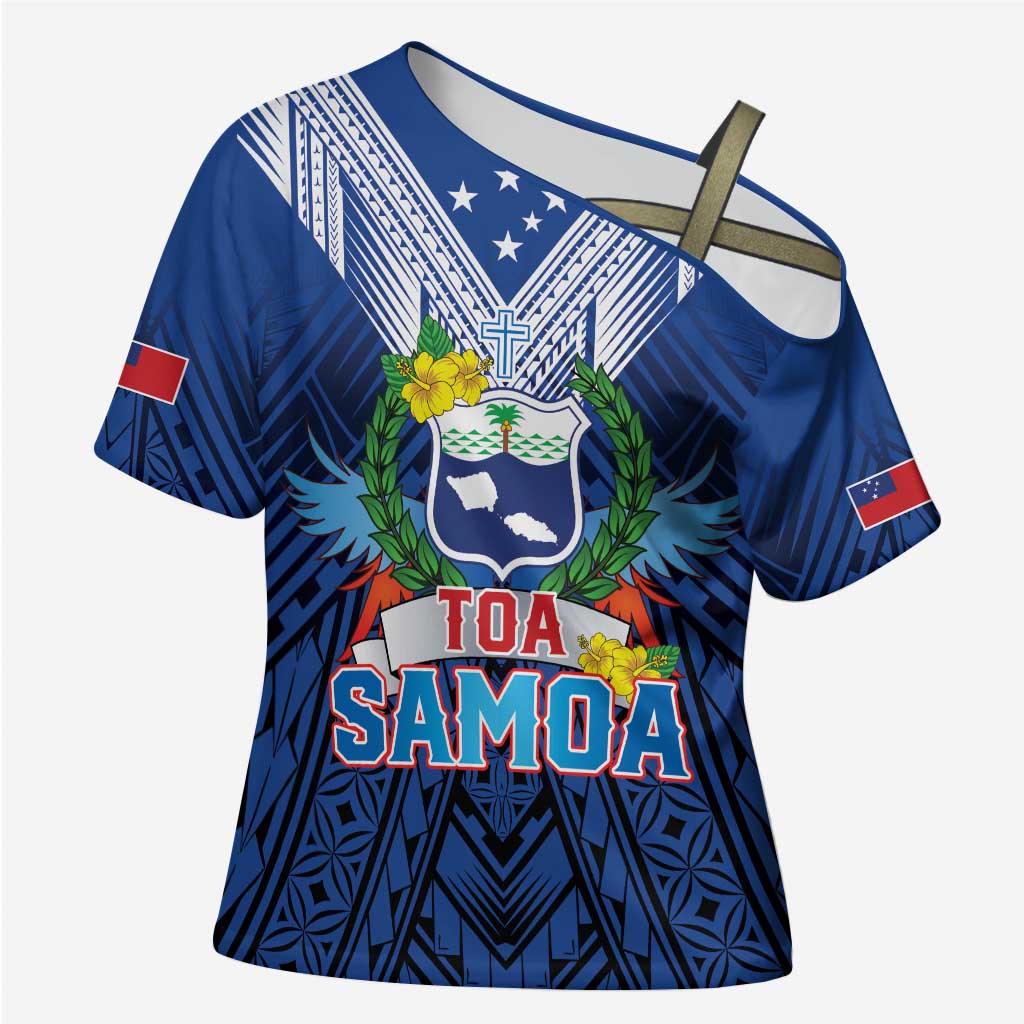 Custom Rugby Toa Samoa Cross Shoulder Shirt Samoa mo Samoa Strength in Tatau LT9 Female Blue - Polynesian Pride