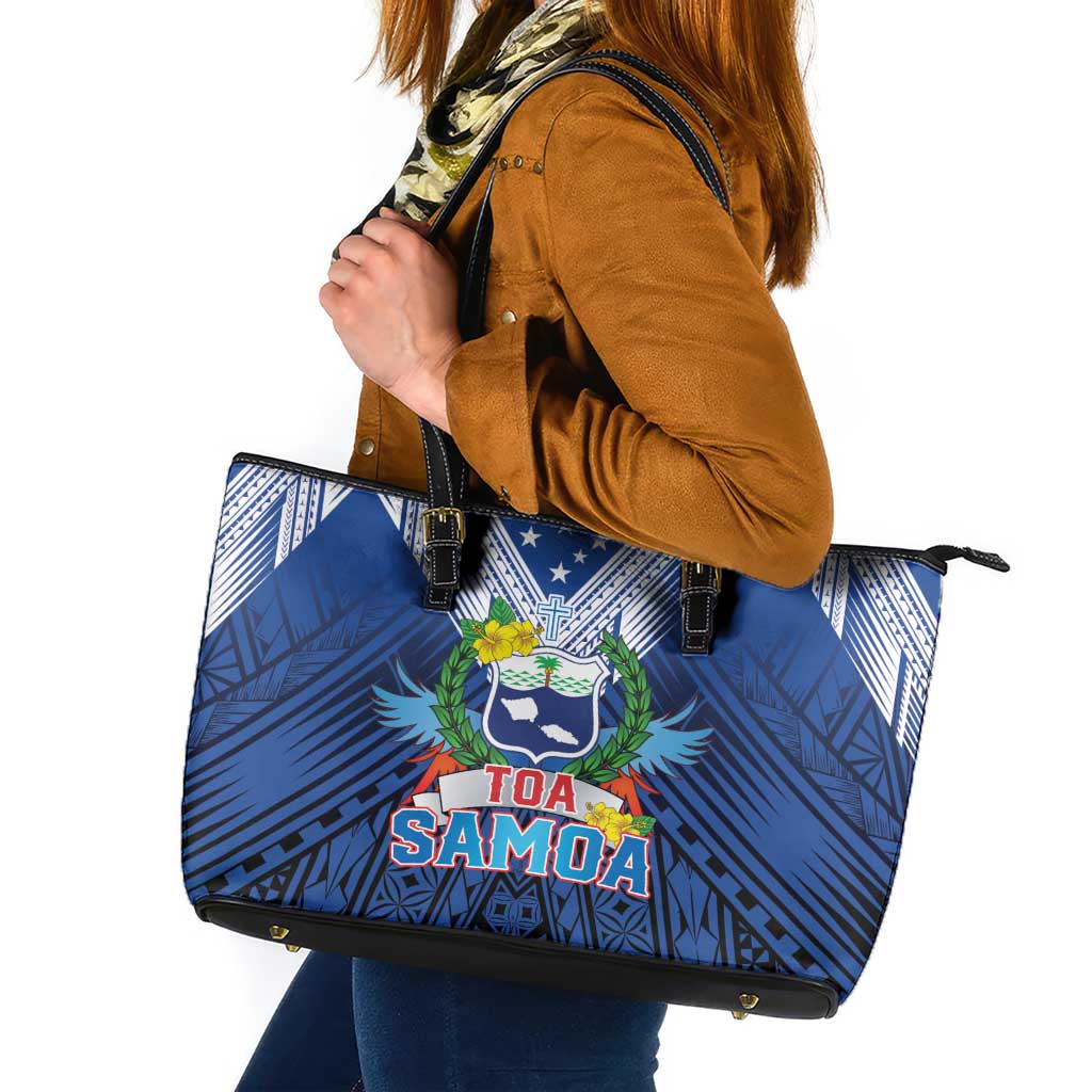 Rugby Toa Samoa Leather Tote Bag Samoa mo Samoa Strength in Tatau LT9 Blue - Polynesian Pride