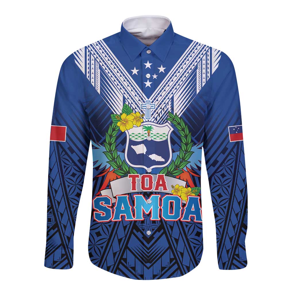 Custom Rugby Toa Samoa Long Sleeve Button Shirt Samoa mo Samoa Strength in Tatau LT9 Unisex Blue - Polynesian Pride