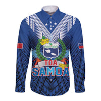 Custom Rugby Toa Samoa Long Sleeve Button Shirt Samoa mo Samoa Strength in Tatau LT9 Unisex Blue - Polynesian Pride