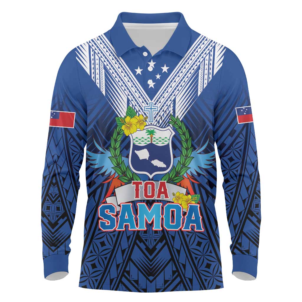 Custom Rugby Toa Samoa Long Sleeve Polo Shirt Samoa mo Samoa Strength in Tatau LT9 Blue - Polynesian Pride