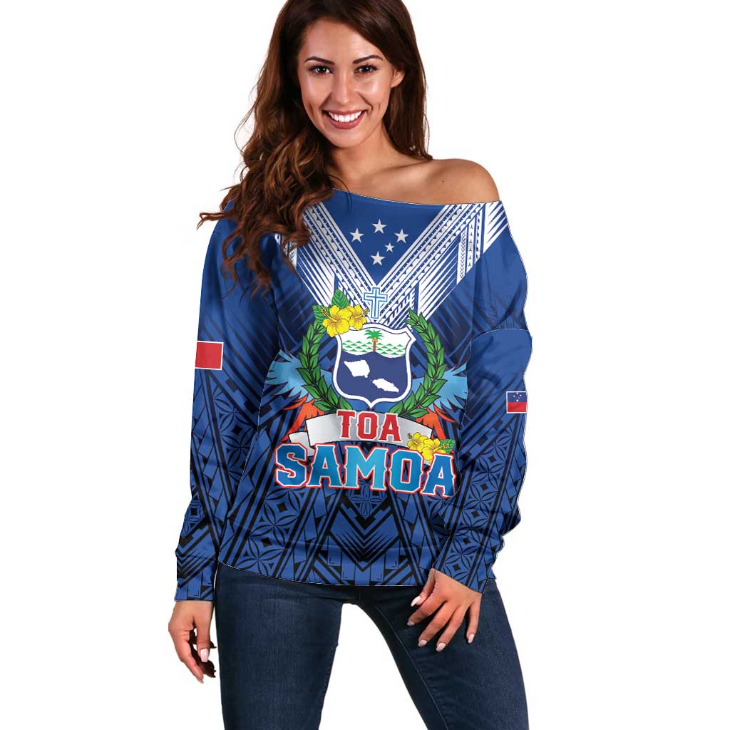 Custom Rugby Toa Samoa Off Shoulder Sweater Samoa mo Samoa Strength in Tatau LT9 Women Blue - Polynesian Pride
