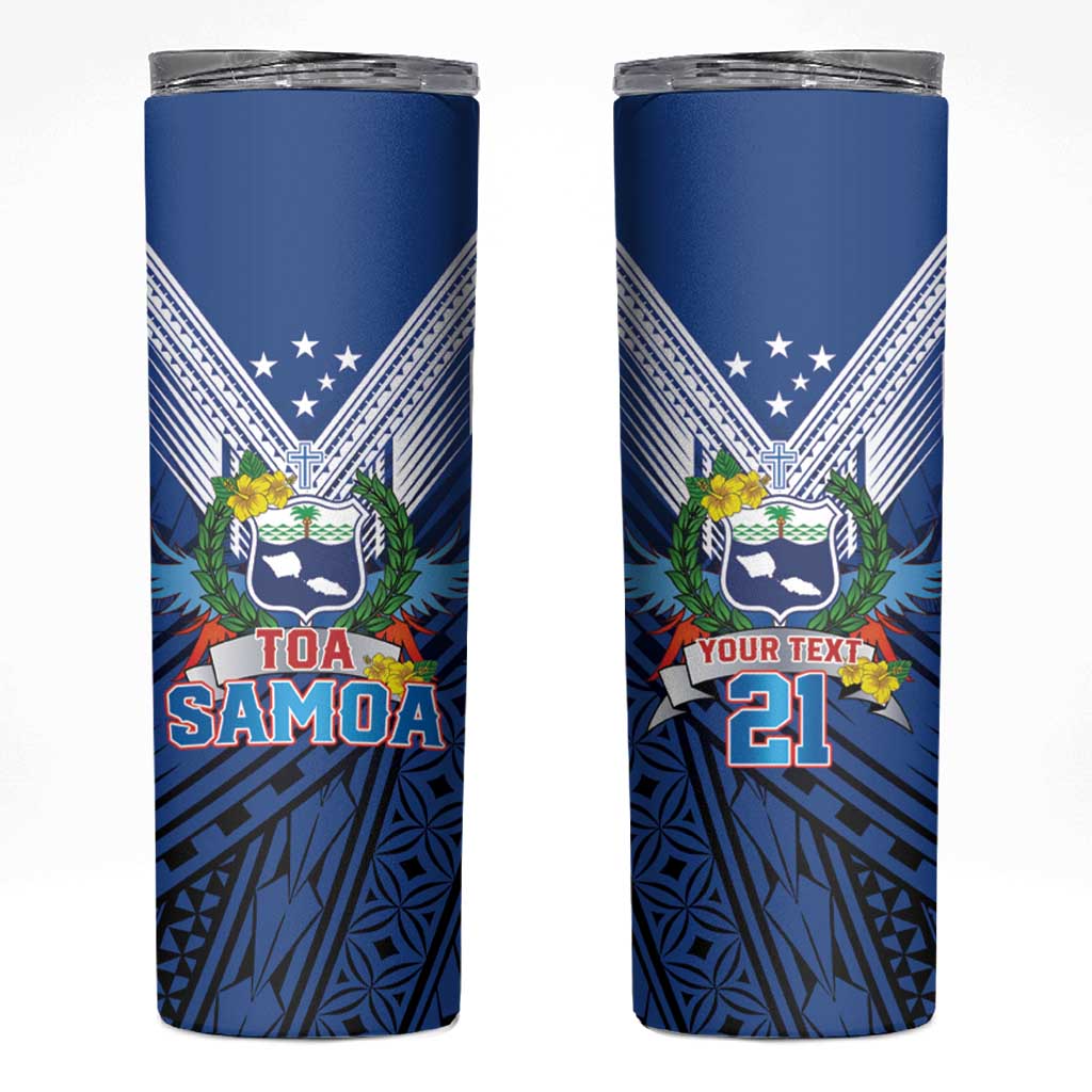 Custom Rugby Toa Samoa Skinny Tumbler Samoa mo Samoa Strength in Tatau LT9 Blue - Polynesian Pride