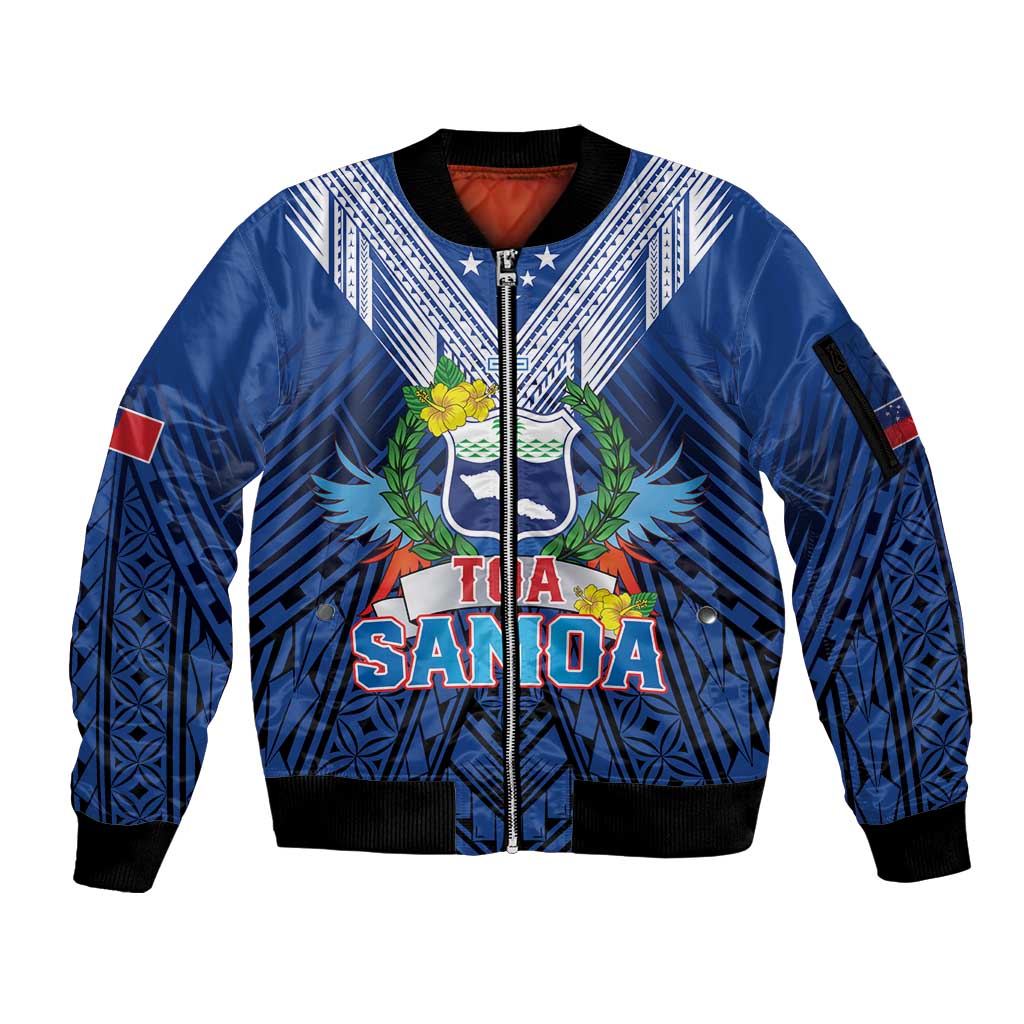 Custom Rugby Toa Samoa Sleeve Zip Bomber Jacket Samoa mo Samoa Strength in Tatau LT9 Unisex Blue - Polynesian Pride