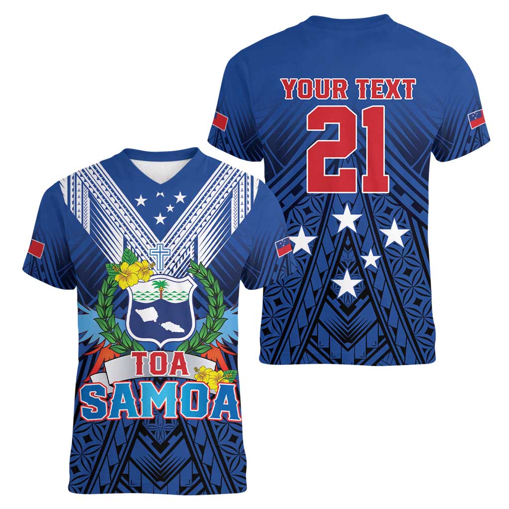 Custom Rugby Toa Samoa Women V-Neck T-Shirt Samoa mo Samoa Strength in Tatau LT9 - Polynesian Pride