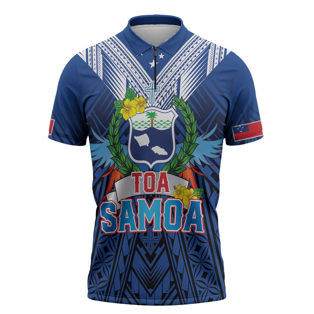 Custom Rugby Toa Samoa Zipper Polo Shirt Samoa mo Samoa Strength in Tatau LT9 Blue - Polynesian Pride