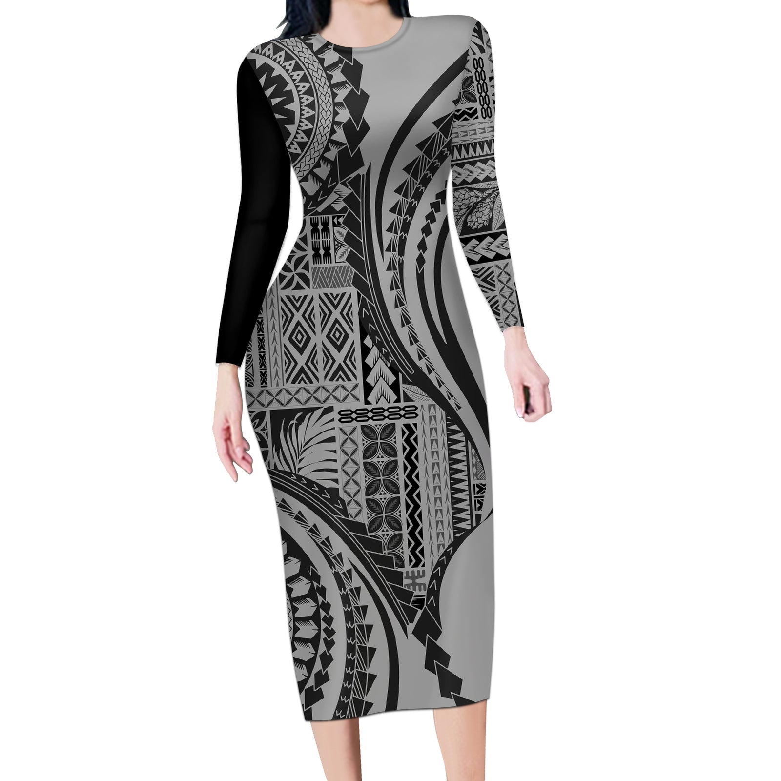 Samoa Siapo Arty Long Sleeve Bodycon Dress Black Style LT9 Long Dress Black - Polynesian Pride