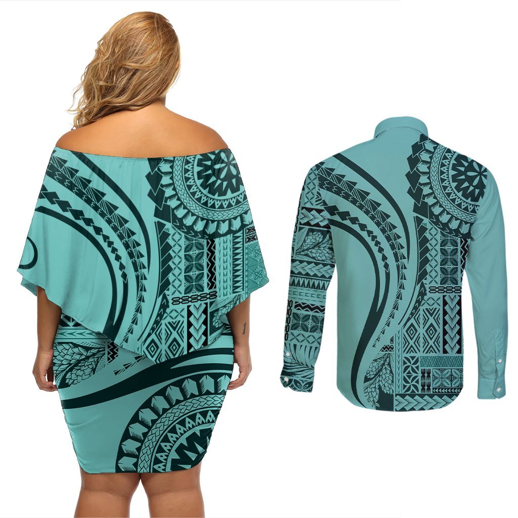 Samoa Siapo Arty Couples Matching Off Shoulder Short Dress and Long Sleeve Button Shirt Turquoise Style LT9 - Polynesian Pride