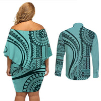 Samoa Siapo Arty Couples Matching Off Shoulder Short Dress and Long Sleeve Button Shirt Turquoise Style LT9 - Polynesian Pride