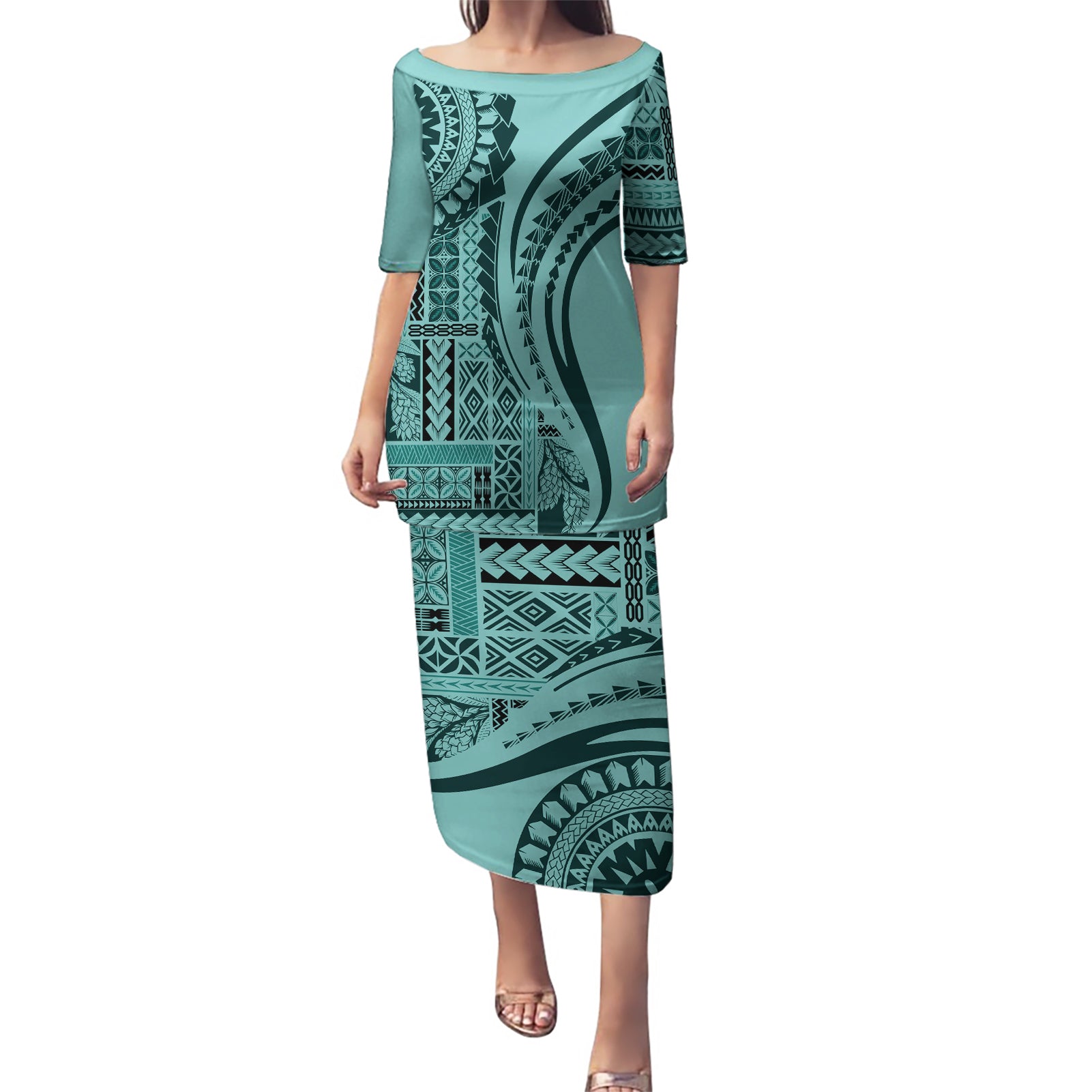 Samoa Siapo Arty Puletasi Turquoise Style LT9 Long Dress Turquoise - Polynesian Pride