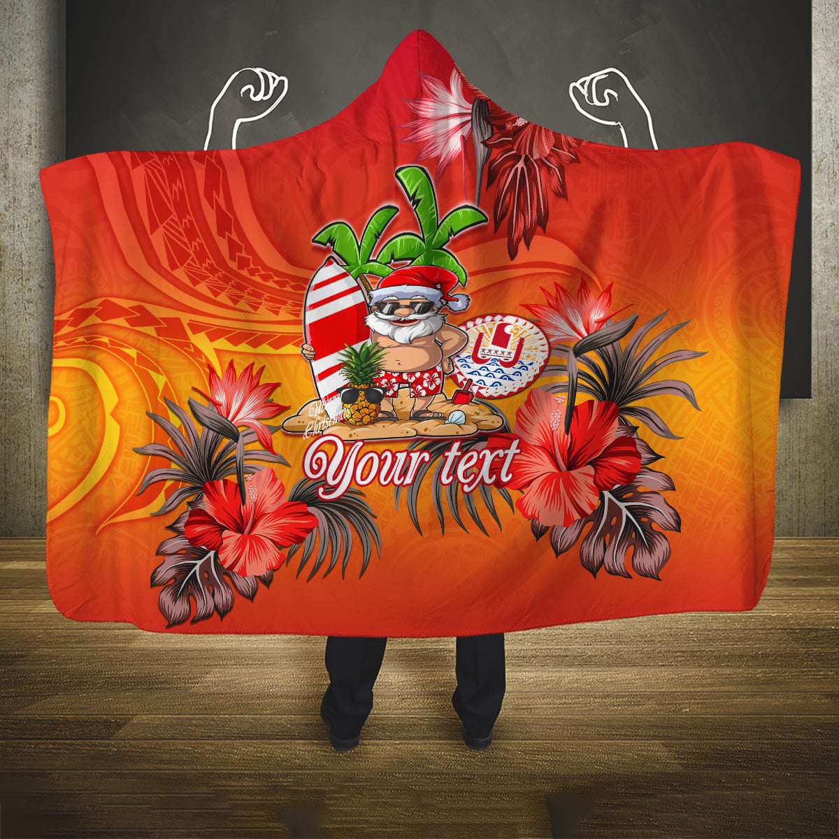 Personalised Wishes in Tahitian Christmas Hooded Blanket French Polynesia Santa Beach LT9 One Size Red - Polynesian Pride