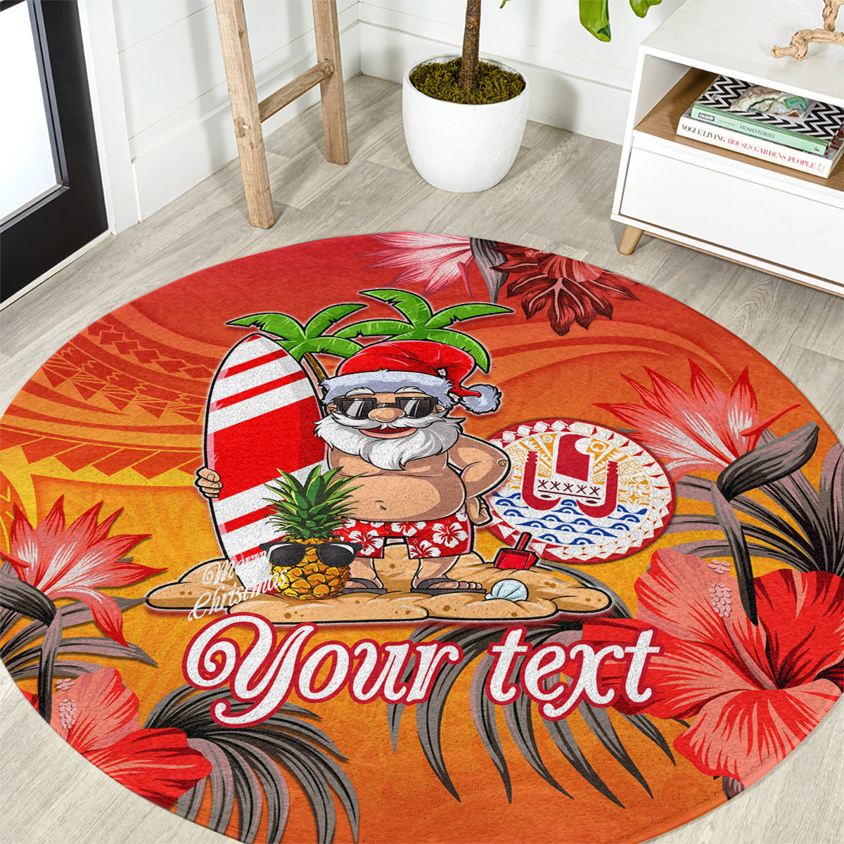 Personalised Wishes in Tahitian Christmas Round Carpet French Polynesia Santa Beach LT9 Red - Polynesian Pride