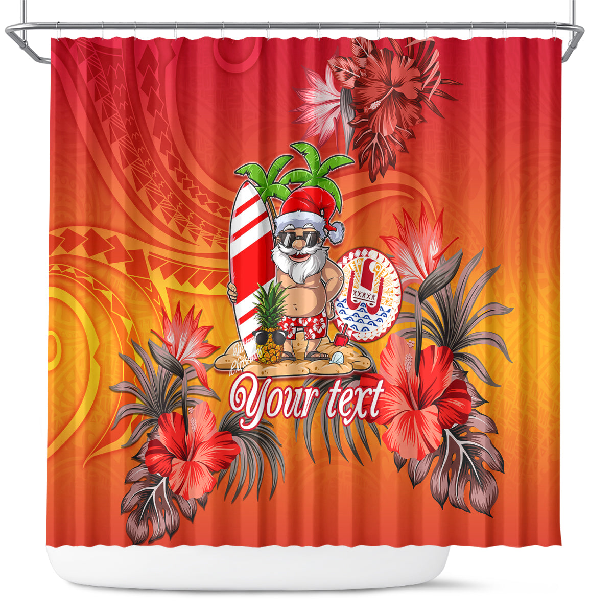 Personalised Wishes in Tahitian Christmas Shower Curtain French Polynesia Santa Beach LT9 Red - Polynesian Pride