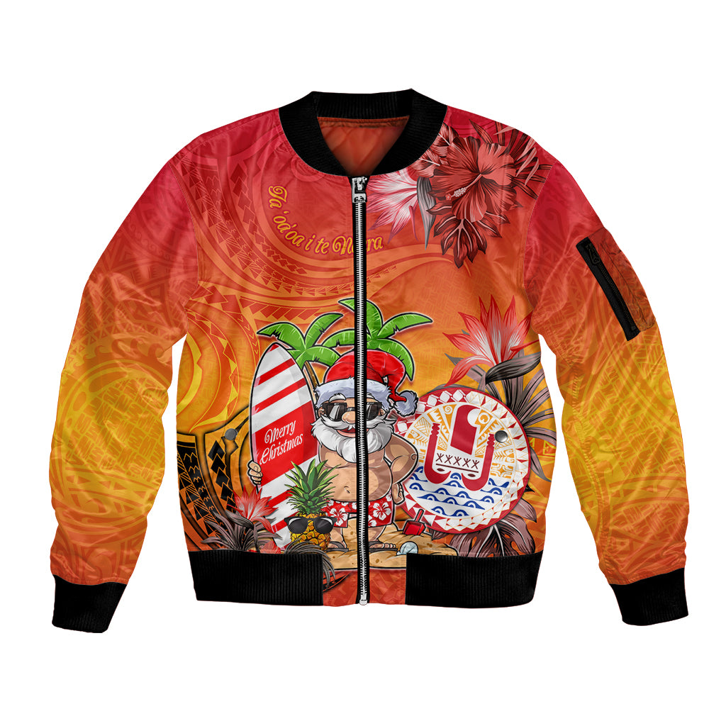 Personalised Wishes in Tahitian Christmas Sleeve Zip Bomber Jacket French Polynesia Santa Beach LT9 Unisex Red - Polynesian Pride