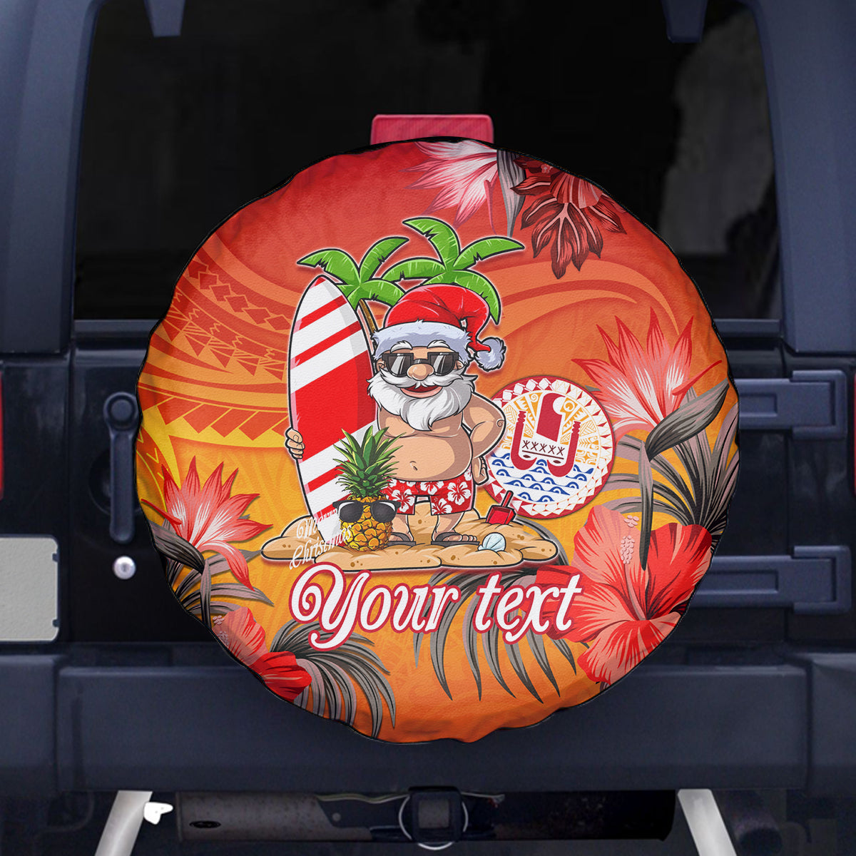 Personalised Wishes in Tahitian Christmas Spare Tire Cover French Polynesia Santa Beach LT9 Red - Polynesian Pride