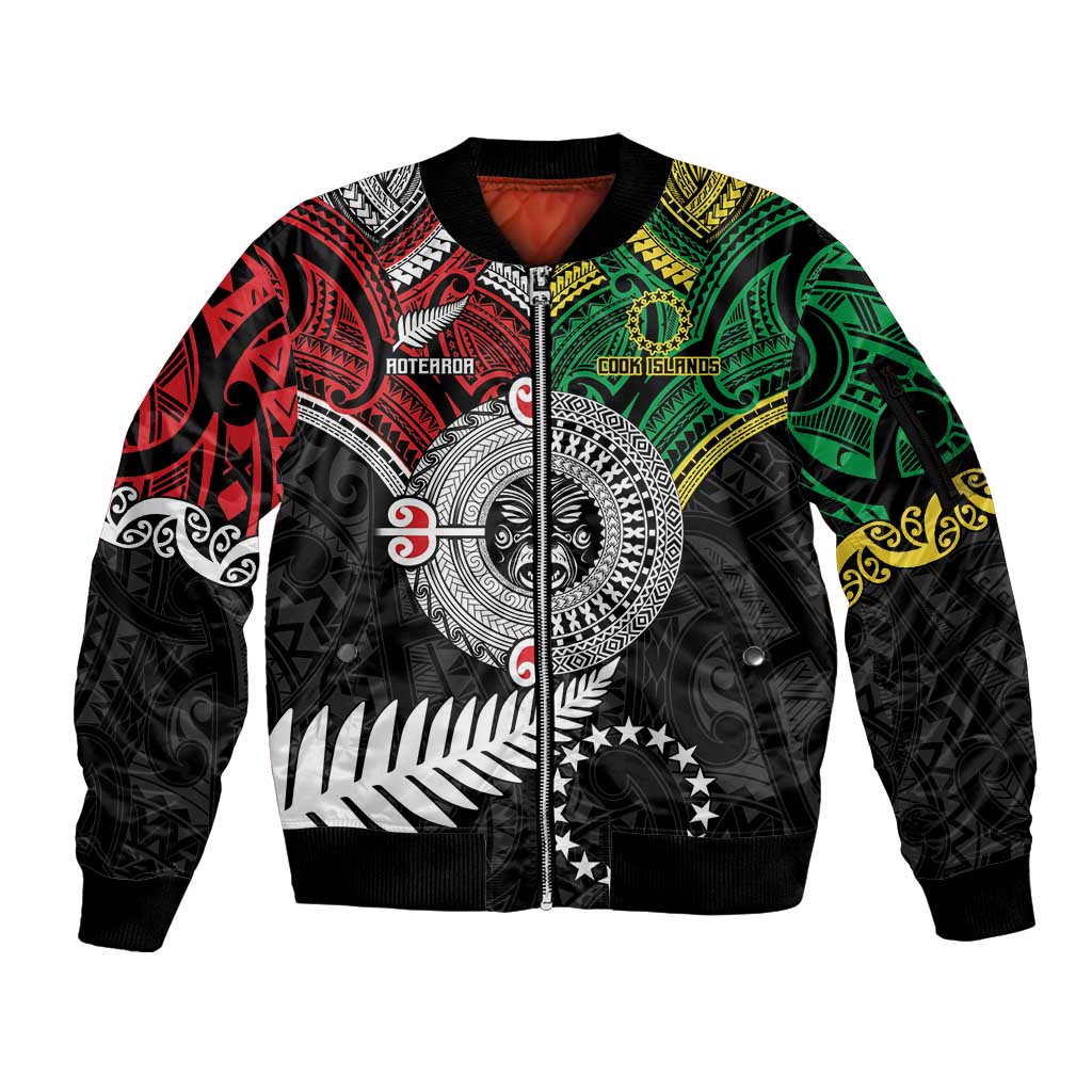 Aotearoa and Cook Islands Mo Te Tiriti Sleeve Zip Bomber Jacket New Zealand Honour The Treaty Ake!Ake!Ake! LT9 Unisex Green - Polynesian Pride