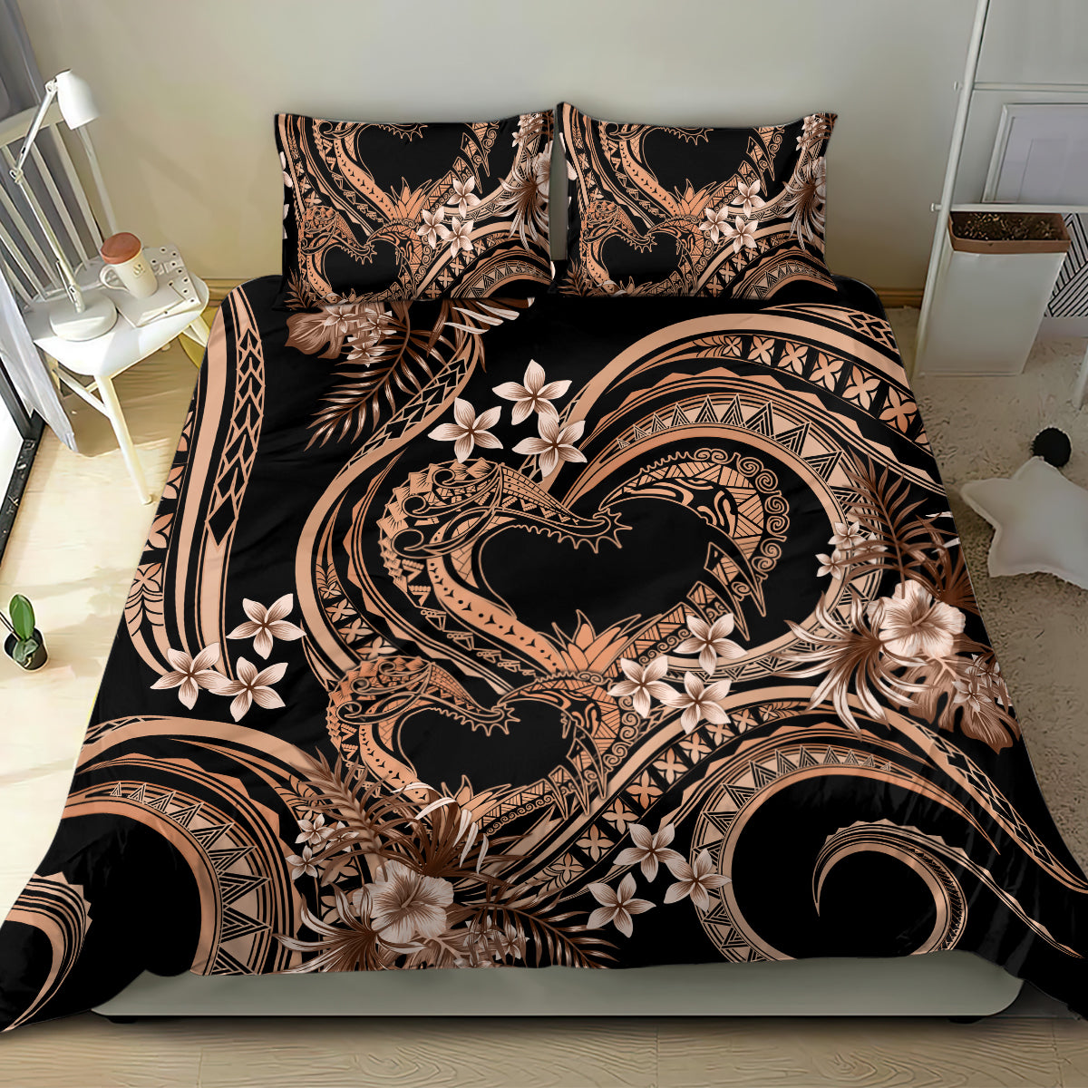 Polynesia Valentines Day Forever In My Heart Tattoo Bedding Set Gold Style LT9 - Polynesian Pride
