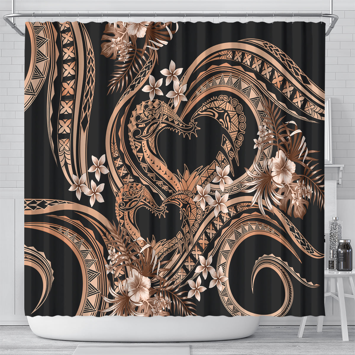 Polynesia Valentines Day Forever In My Heart Tattoo Shower Curtain Gold Style LT9 - Polynesian Pride