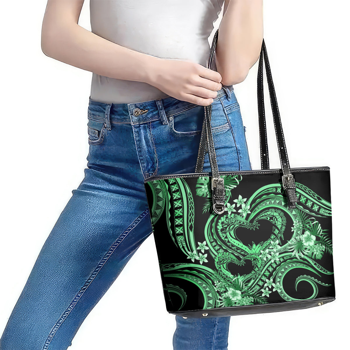 Polynesia Valentines Day Forever In My Heart Tattoo Leather Tote Bag Green Style LT9 - Polynesian Pride
