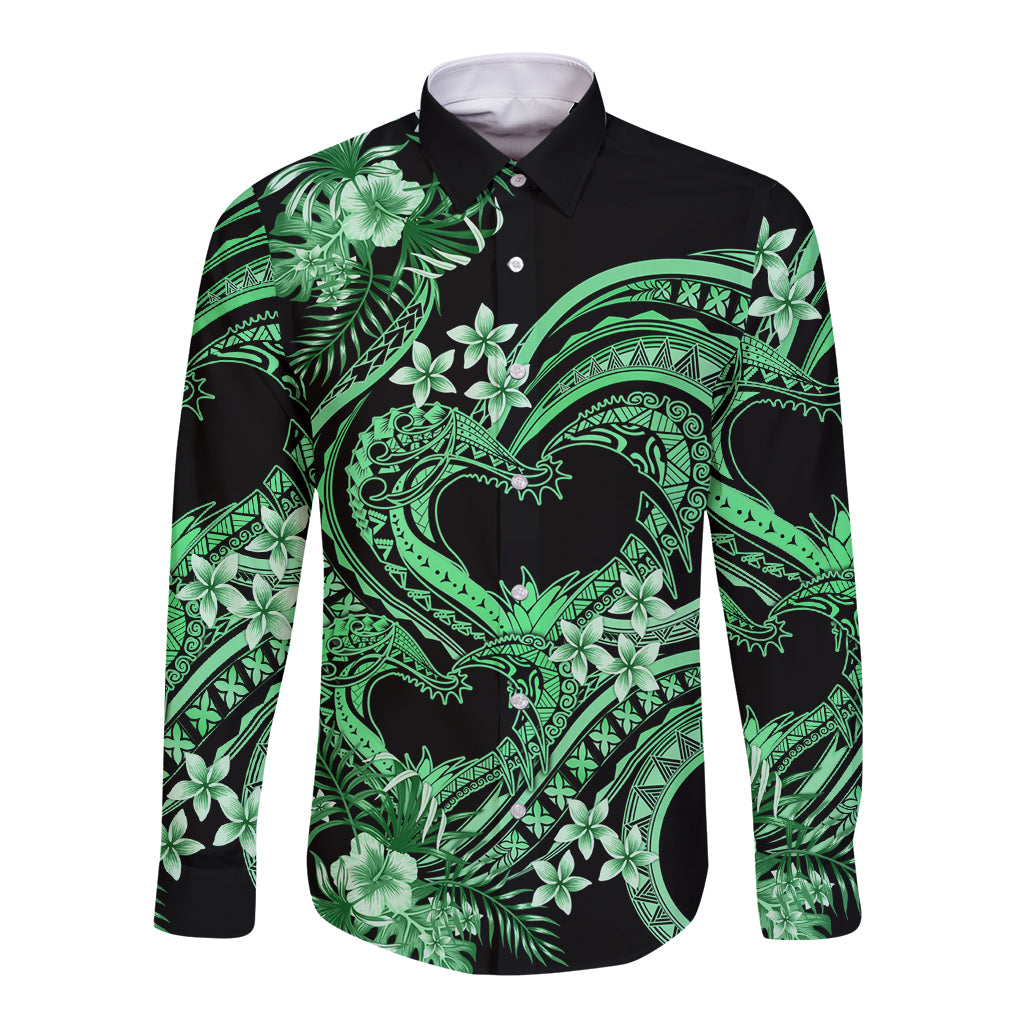 Polynesia Valentines Day Forever In My Heart Tattoo Long Sleeve Button Shirt Green Style LT9 Unisex Green - Polynesian Pride