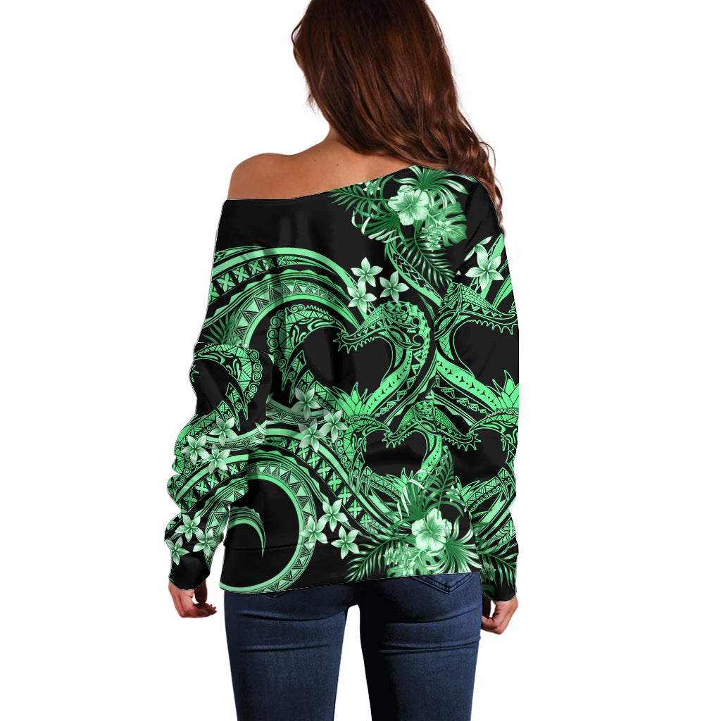 Polynesia Valentines Day Forever In My Heart Tattoo Off Shoulder Sweater Green Style LT9 - Polynesian Pride
