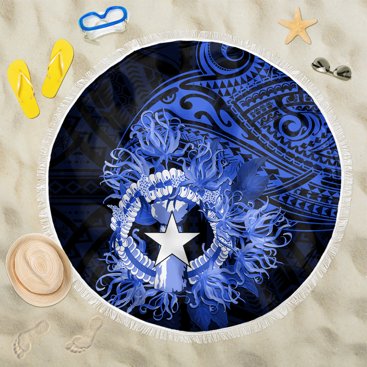 Northern Mariana Islands Ylang-ylang Mwarmwar Beach Blanket Polynesian Blue Style LT9 One Size 150cm Blue - Polynesian Pride